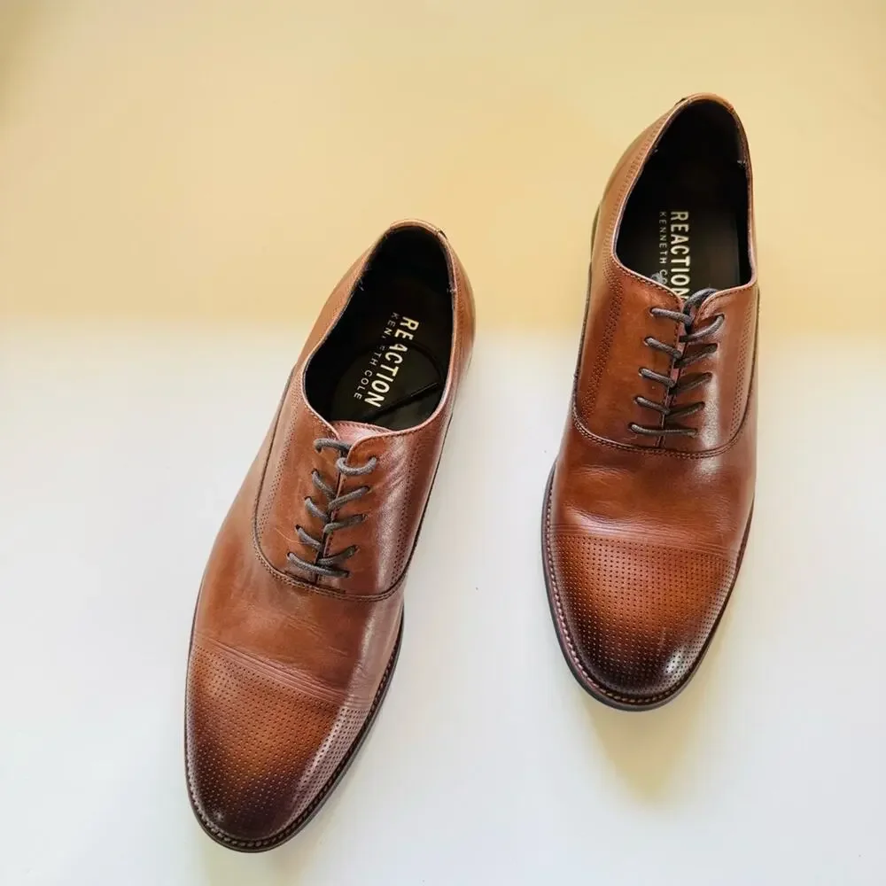 MENS KENNETH COLE Dark Brown Mahogany Leather Derby Oxford Lace Up Shoes 8.5